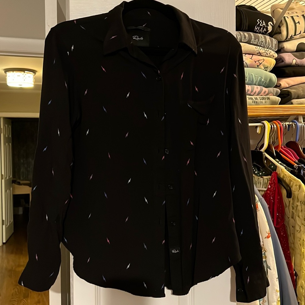 Small Rails black button up with multi colored lightening bolts